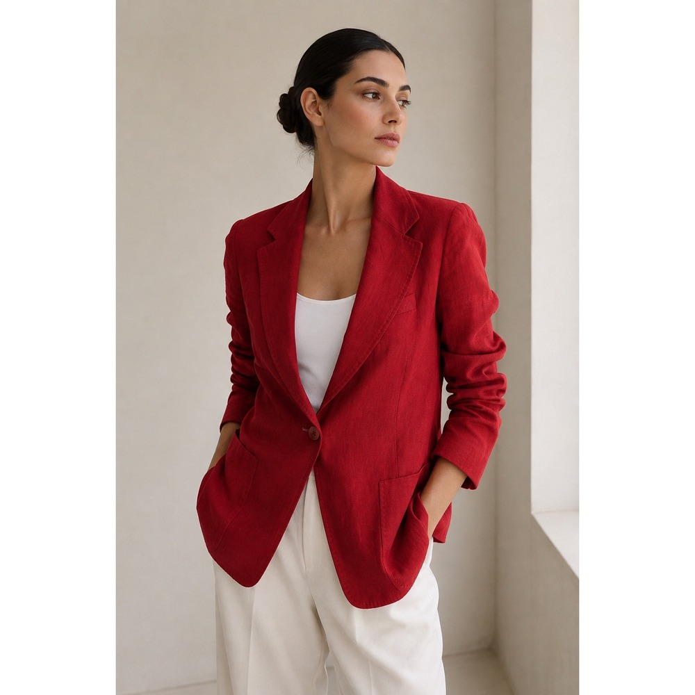 Weekend Max Mara Red 100% Linen Single Button Blazer Jacket Size 12 Italy